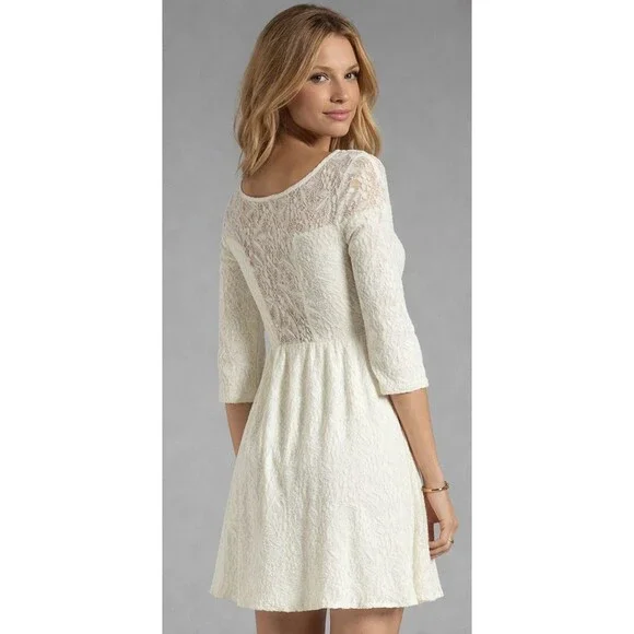 Free People Cream Lace Skater Mini Dress 3/4 Sleeve Bridal Shower Wedding M - Picture 2 of 14